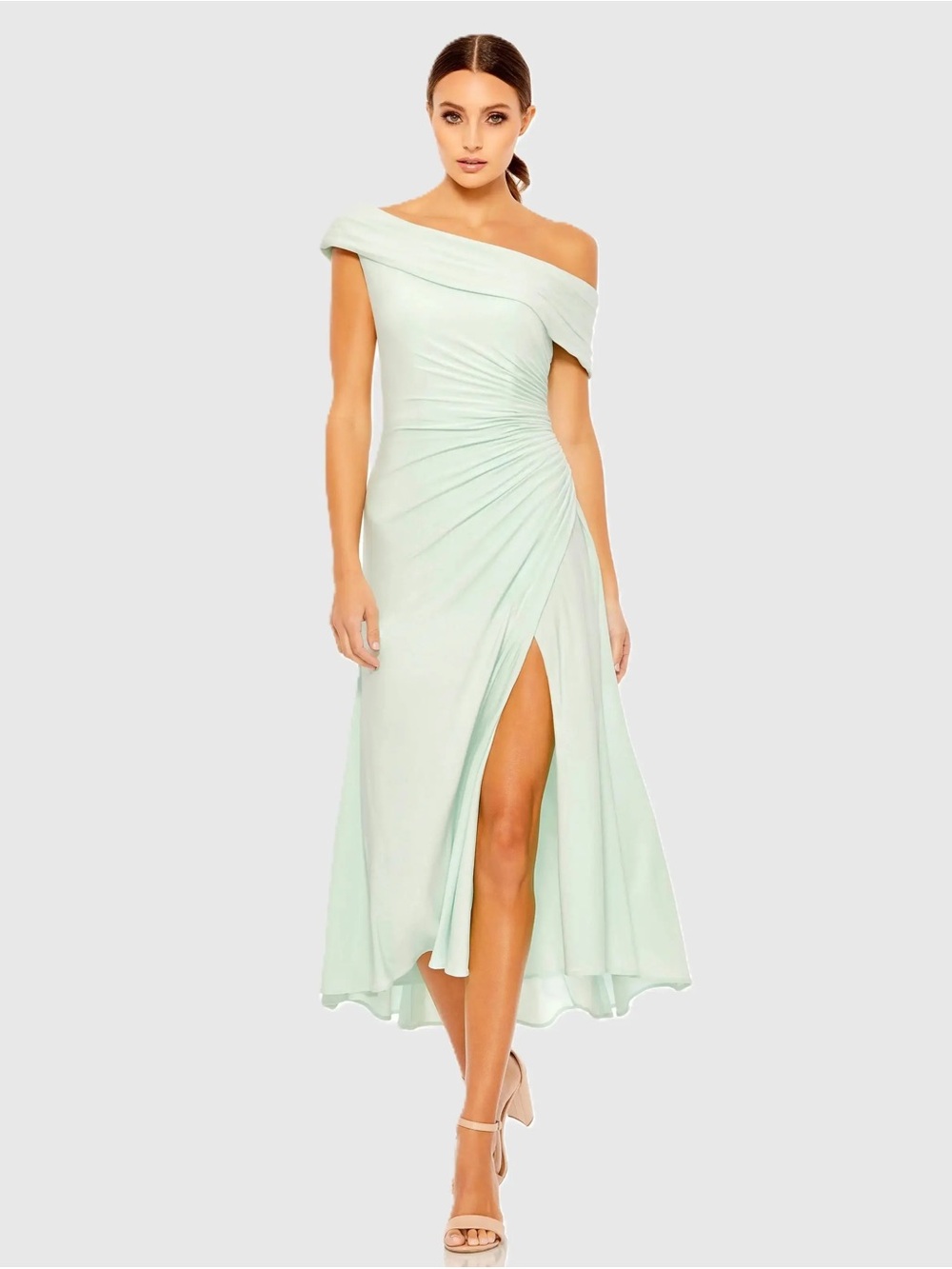 Leena for Mac Duggal One-Shoulder Mint Green Evening Dress with Side Slit